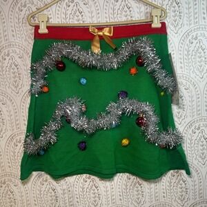 Planet Gold Womens large Christmas Tree Ugly Sweater Skirt Green Holiday Festive